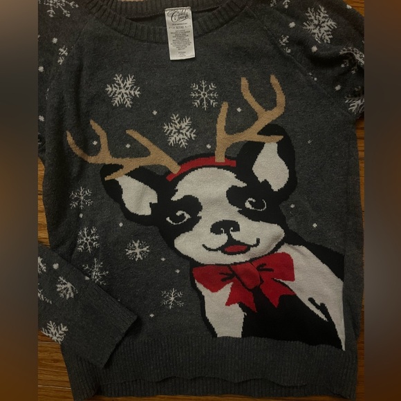 Christmas Sweater Girls Size 7/8 Cold Crush Snowflake Holiday Pug with Antlers - Picture 5 of 7